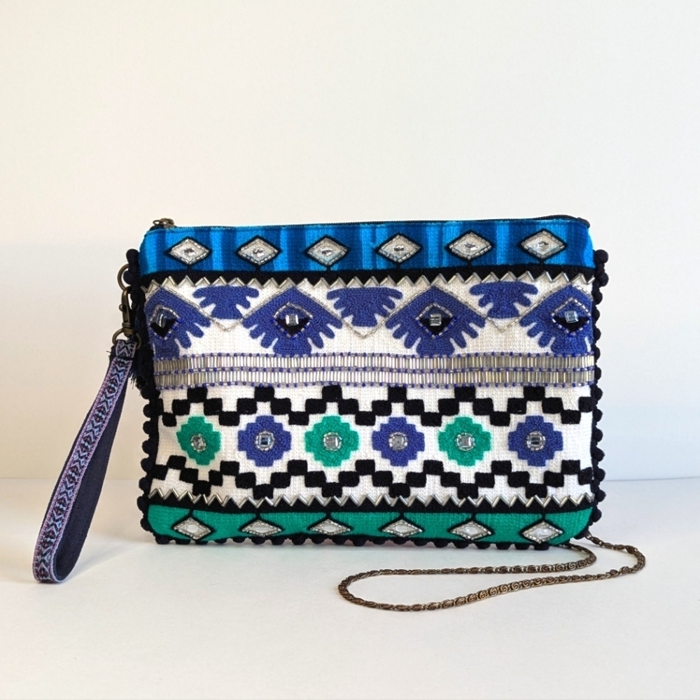 Steve Madden Arya Embroidery Bead 3 Way Clutch Mini Pom Wristlet Strap Chain